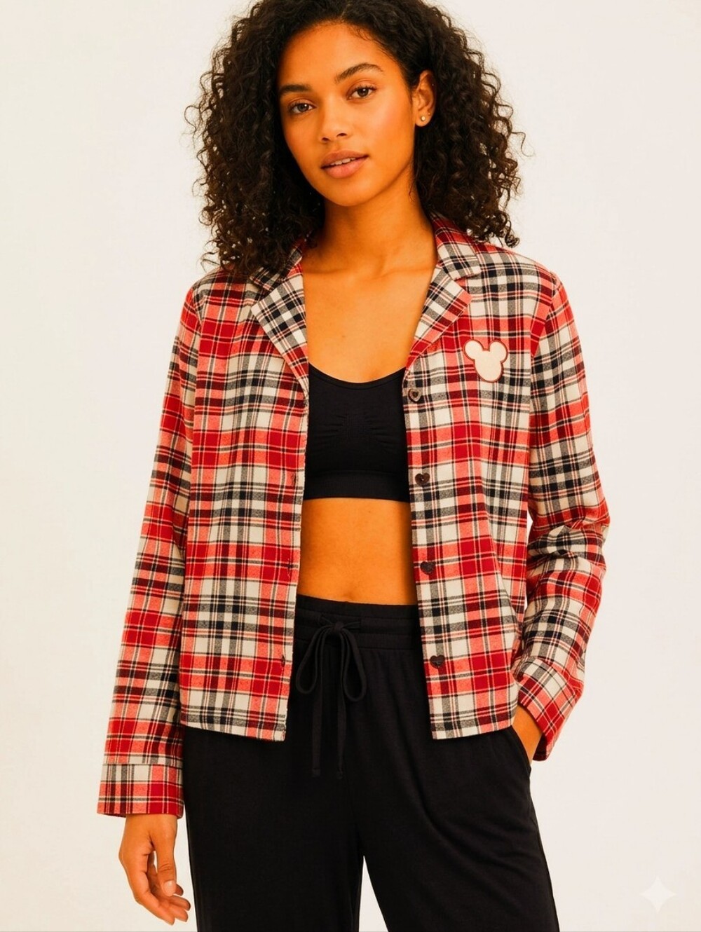 Disney Mickey Mouse Plaid Flannel Lounge Top - Mickey Buttons - Size M